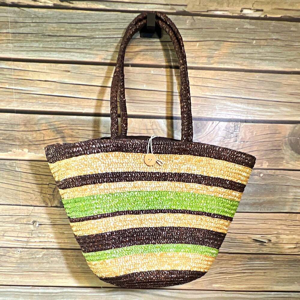 Women’s Woven Straw Striped Tote Handbag Brown Beige Green Lined Pockets